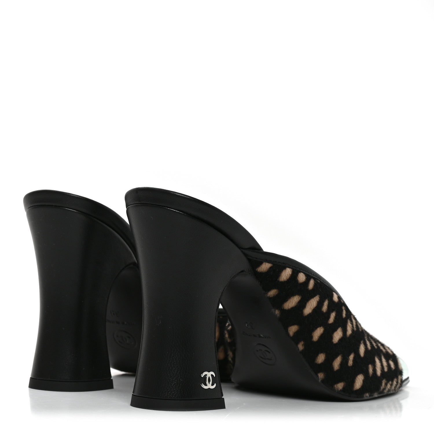 Chanel Pony Hair Lambskin Patent Calfskin Cap Toe Mules 39 Black White Green 4 of 8