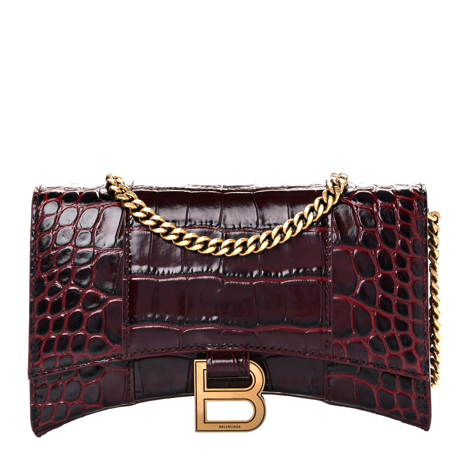 Balenciaga Shiny Calfskin Crocodile Embossed Hourglass Chain Bag Dark Red 1 of 9