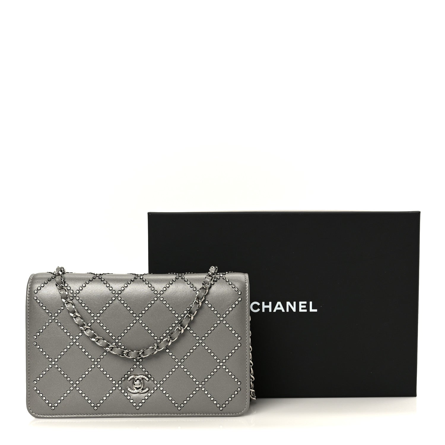 Chanel Lambskin Crystal Quilted Wallet On Chain WOC Grey 12 of 12