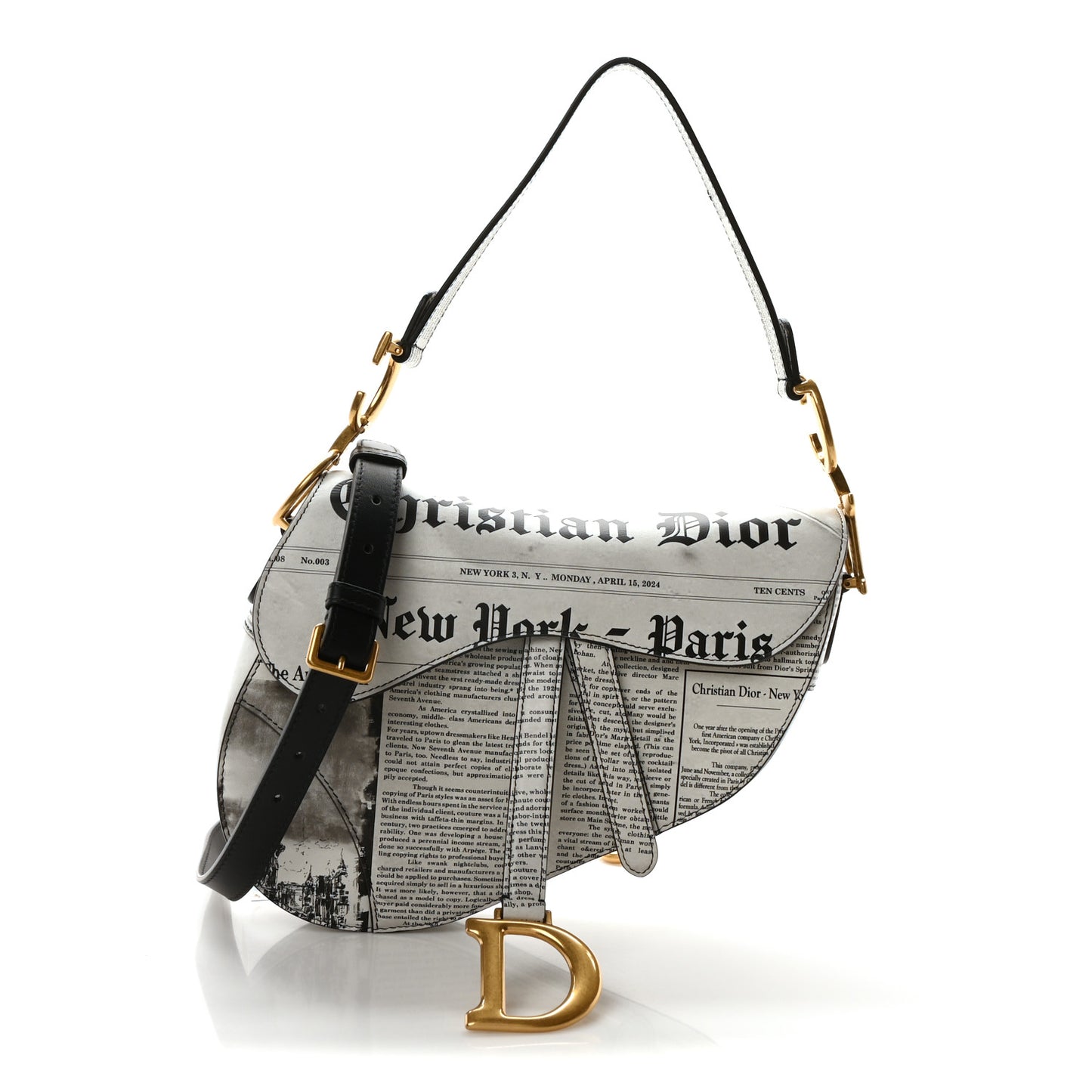 Calfskin Newspaper Printed Saddle Bag With Strap Black White