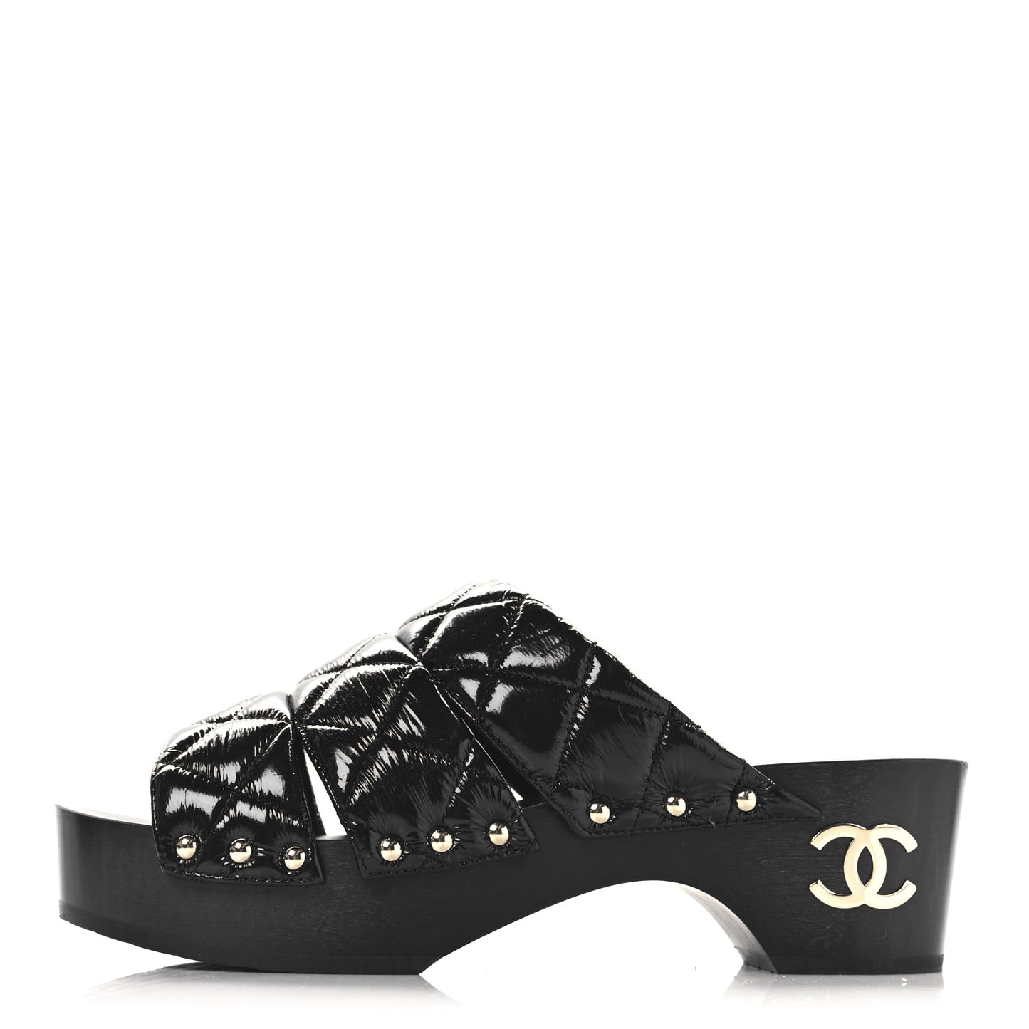 Patent Lambskin Quilted CC Clogs 38 Black