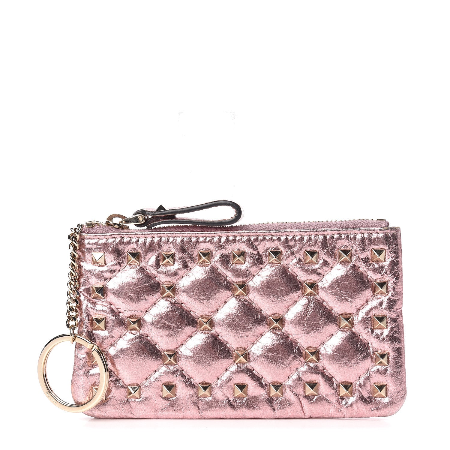 Valentino Garavani Metallic Wrinkled Lambskin Rockstud Spike Zip Coin Purse Lipstick 1 of 6