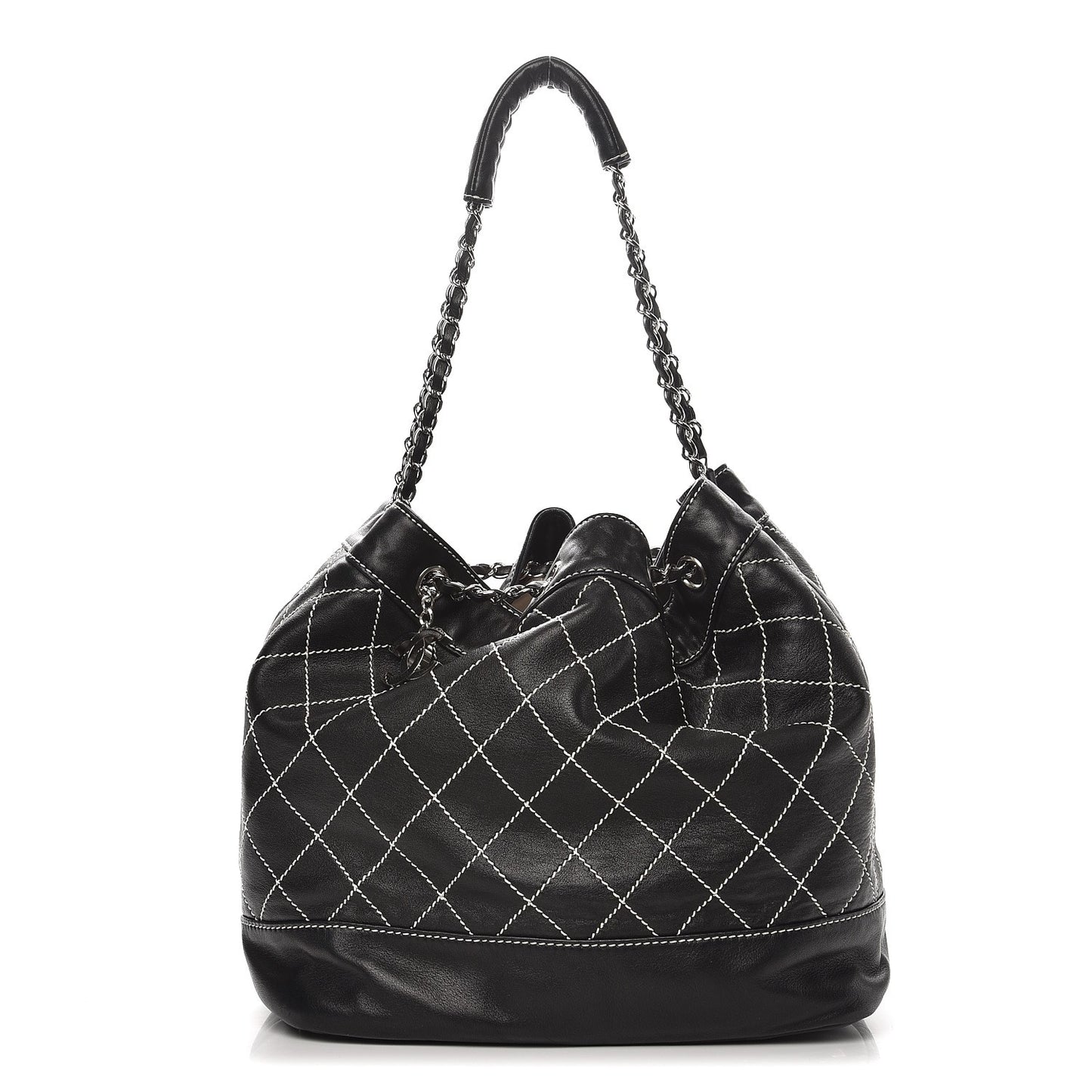 Lambskin Contrast Stitch Large Drawstring Tote Black