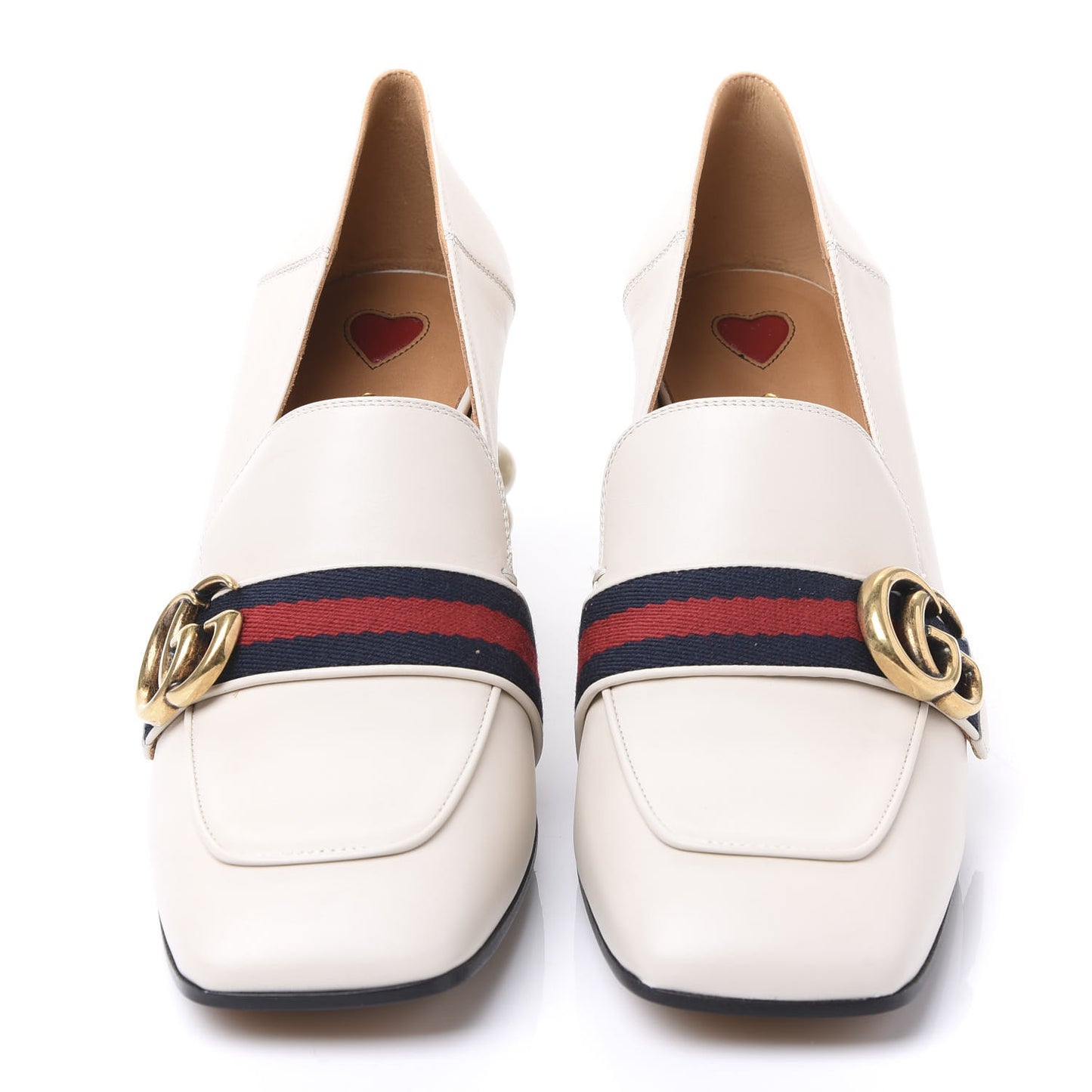 Betis Glamour Calfskin Web Pearl Embellished Peyton 75mm Loafer Pumps 38.5 Mystic White