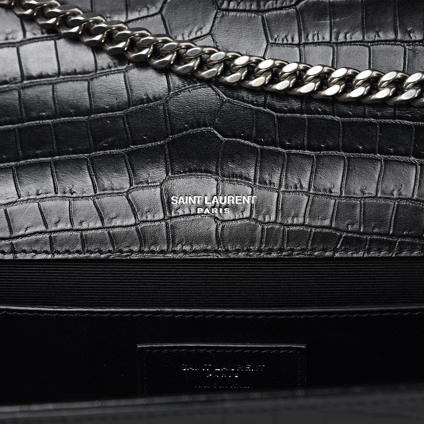 Calfskin Crocodile Embossed Large Classic Monogram Kate Satchel Black