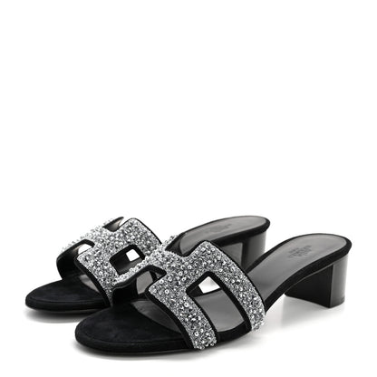Hermes Suede Goatskin Crystal Oasis Sandals 38 Gris Argente Black 3 of 7