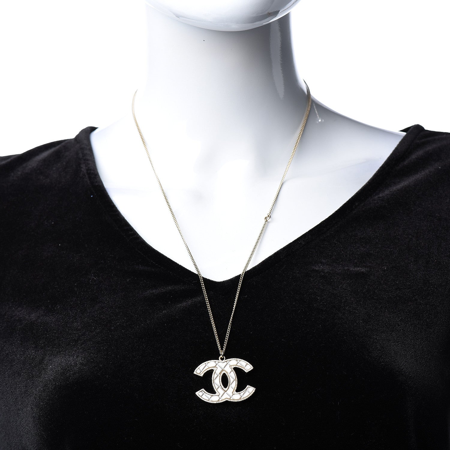 Chanel Metal Quilted CC Pendant Necklace Gold White 2 of 5