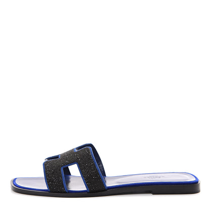 Hermes Suede Goatskin Crystal Powder Oran Sandals 40 Black Bleu Saphir 1 of 11