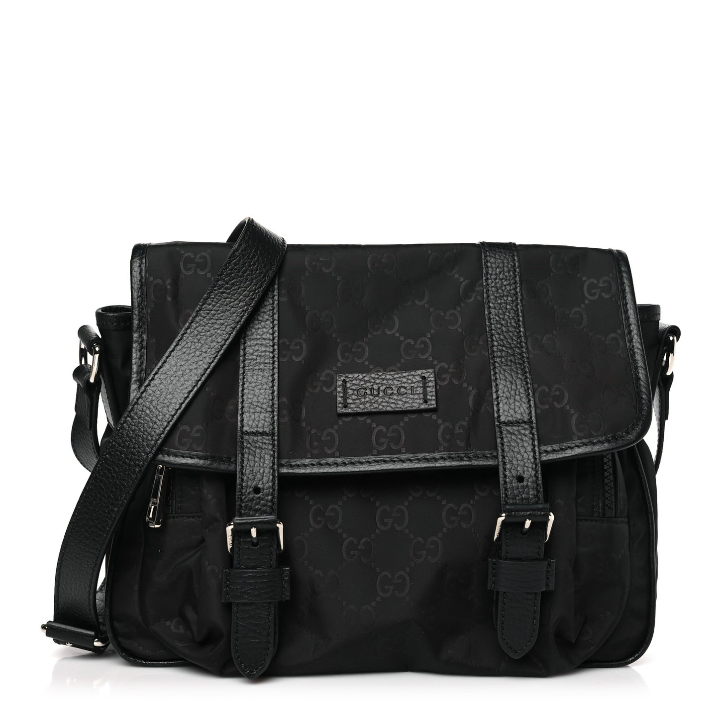 Nylon Monogram Double Buckle Flap Messenger Bag Black