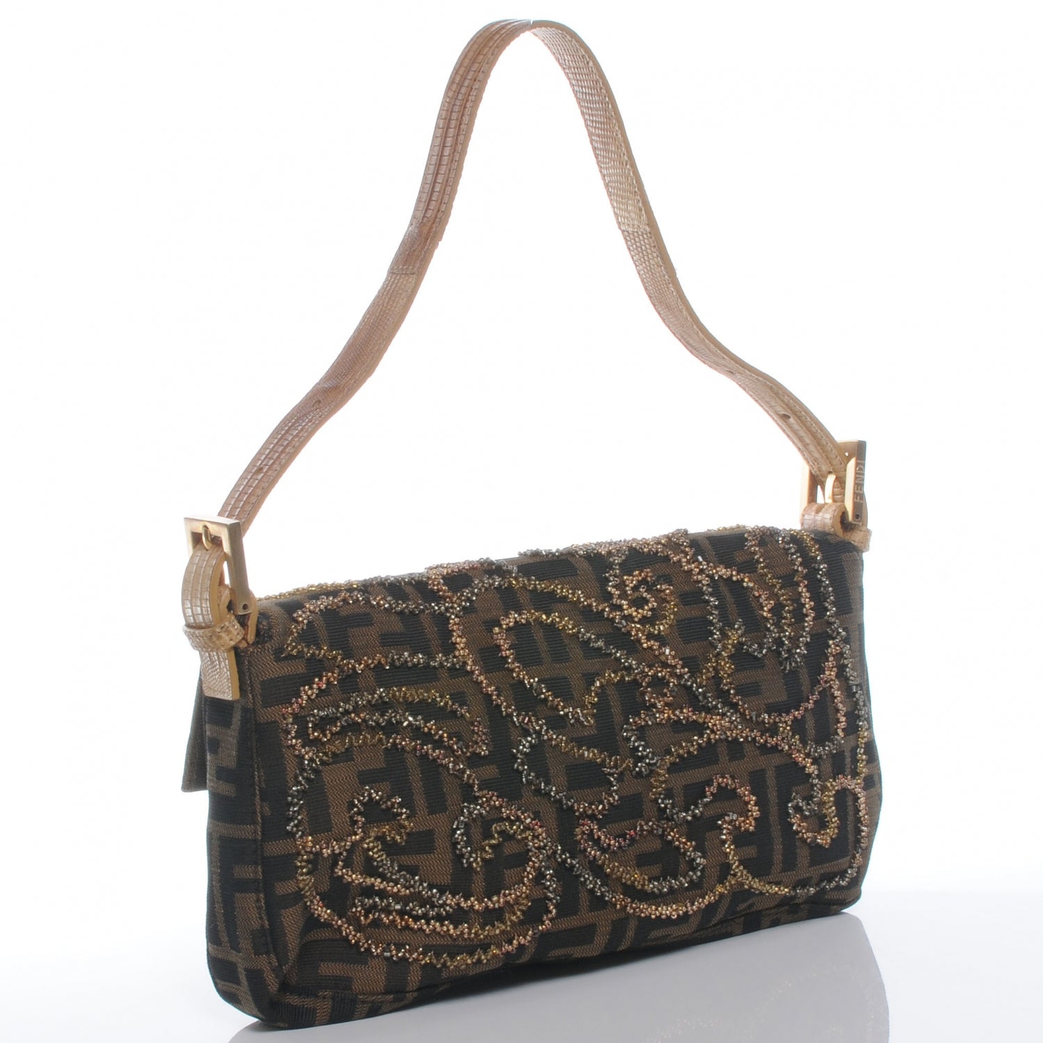 Fendi Zucca Lizard Beaded Baguette Tobacco 3 of 8