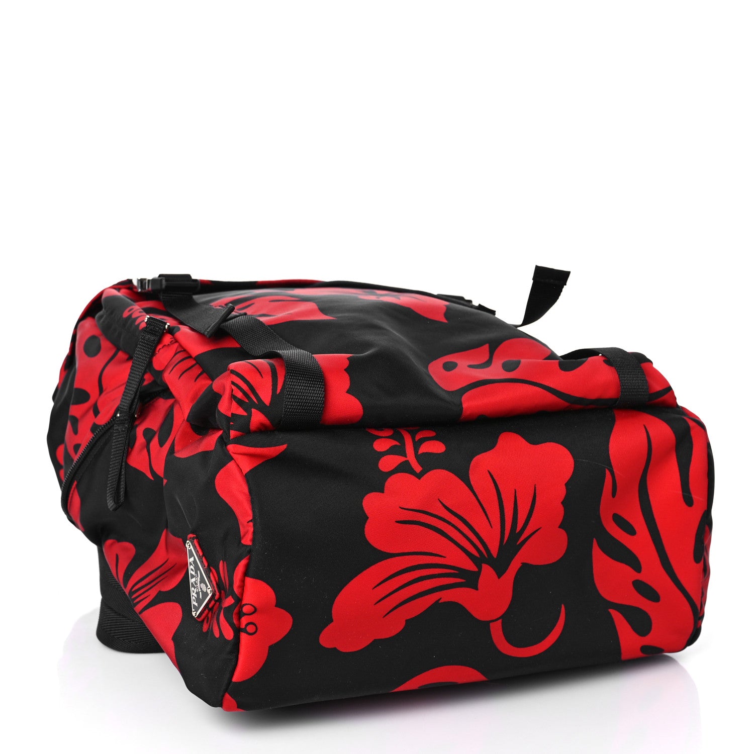Prada Tessuto Hibiscus Print Double Buckle Backpack Black Rosso 4 of 9