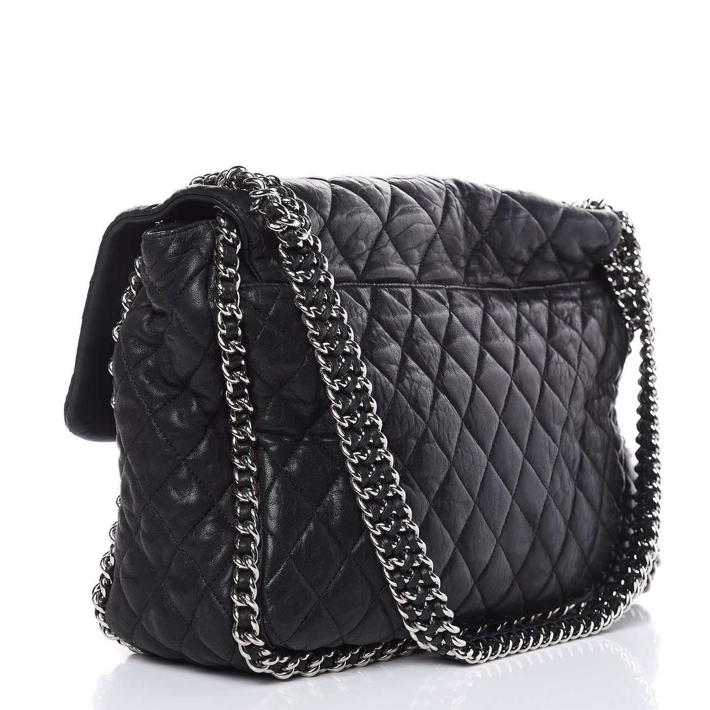 Washed Lambskin Quilted Maxi Chain Around Flap Black