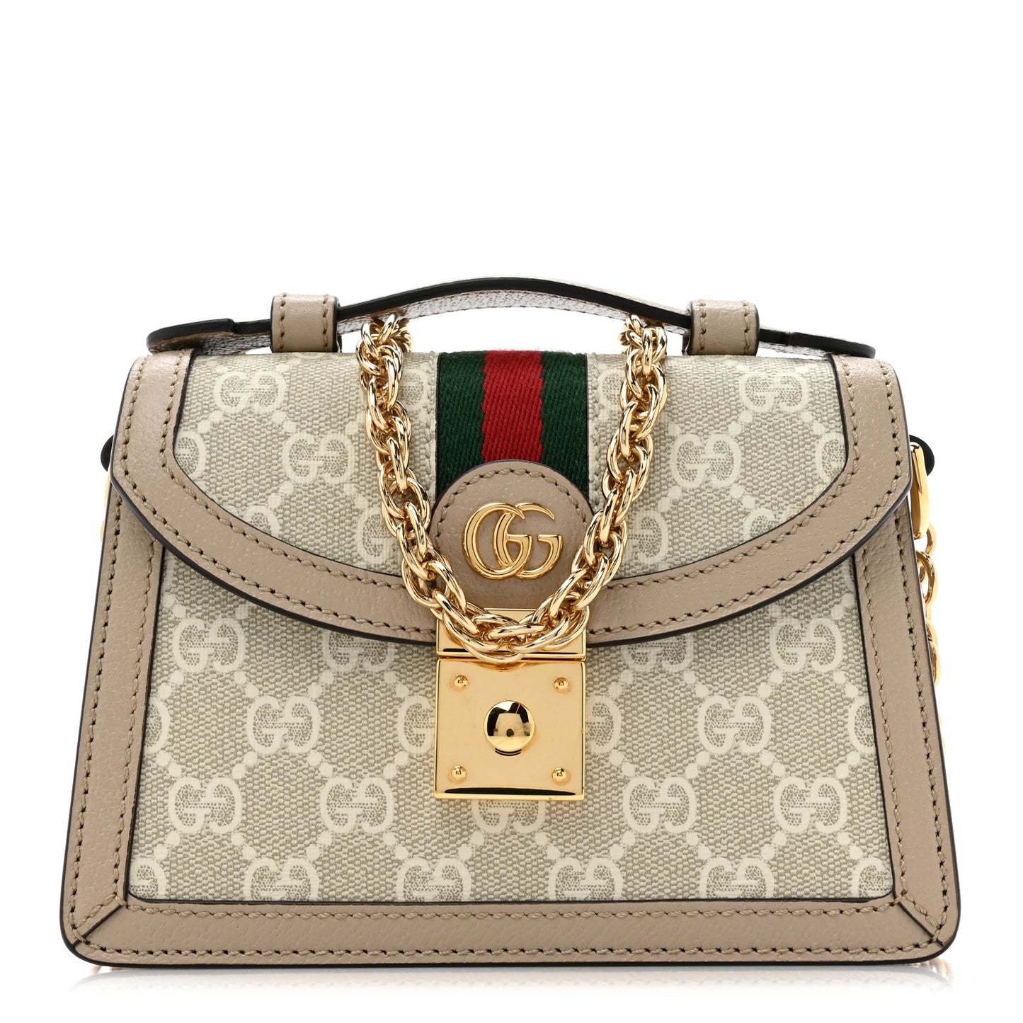 GG Supreme Monogram Textured Dollar Calfskin Web Mini Ophidia Padlock Top Handle Chain Shoulder Bag Beige Mystic White Oatmeal