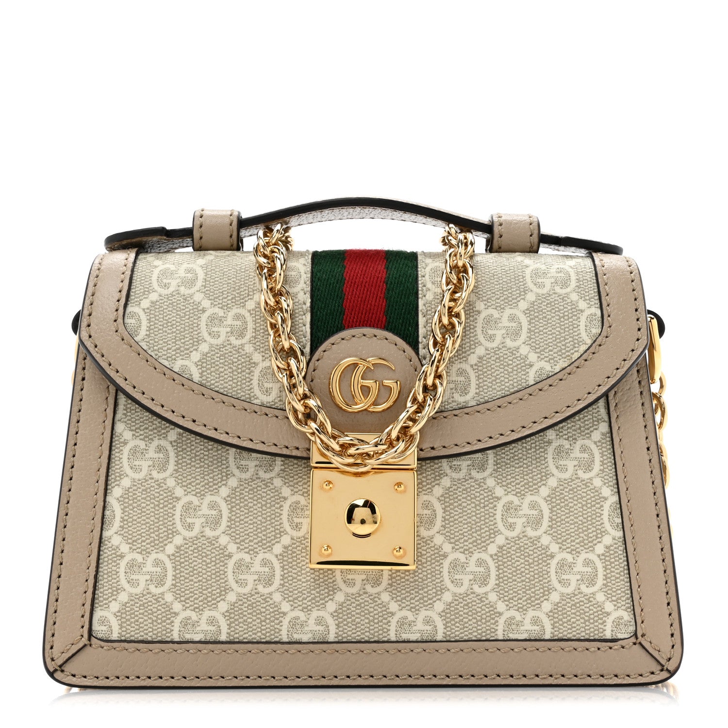 Gucci GG Supreme Monogram Textured Dollar Calfskin Web Mini Ophidia Padlock Top Handle Chain Shoulder Bag Beige Mystic White Oatmeal 1 of 13