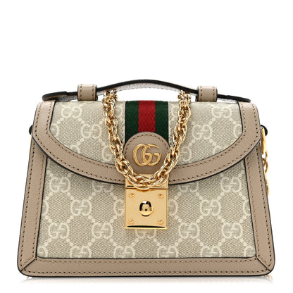 Gucci GG Supreme Monogram Textured Dollar Calfskin Web Mini Ophidia Padlock Top Handle Chain Shoulder Bag Beige Mystic White Oatmeal 1 of 13