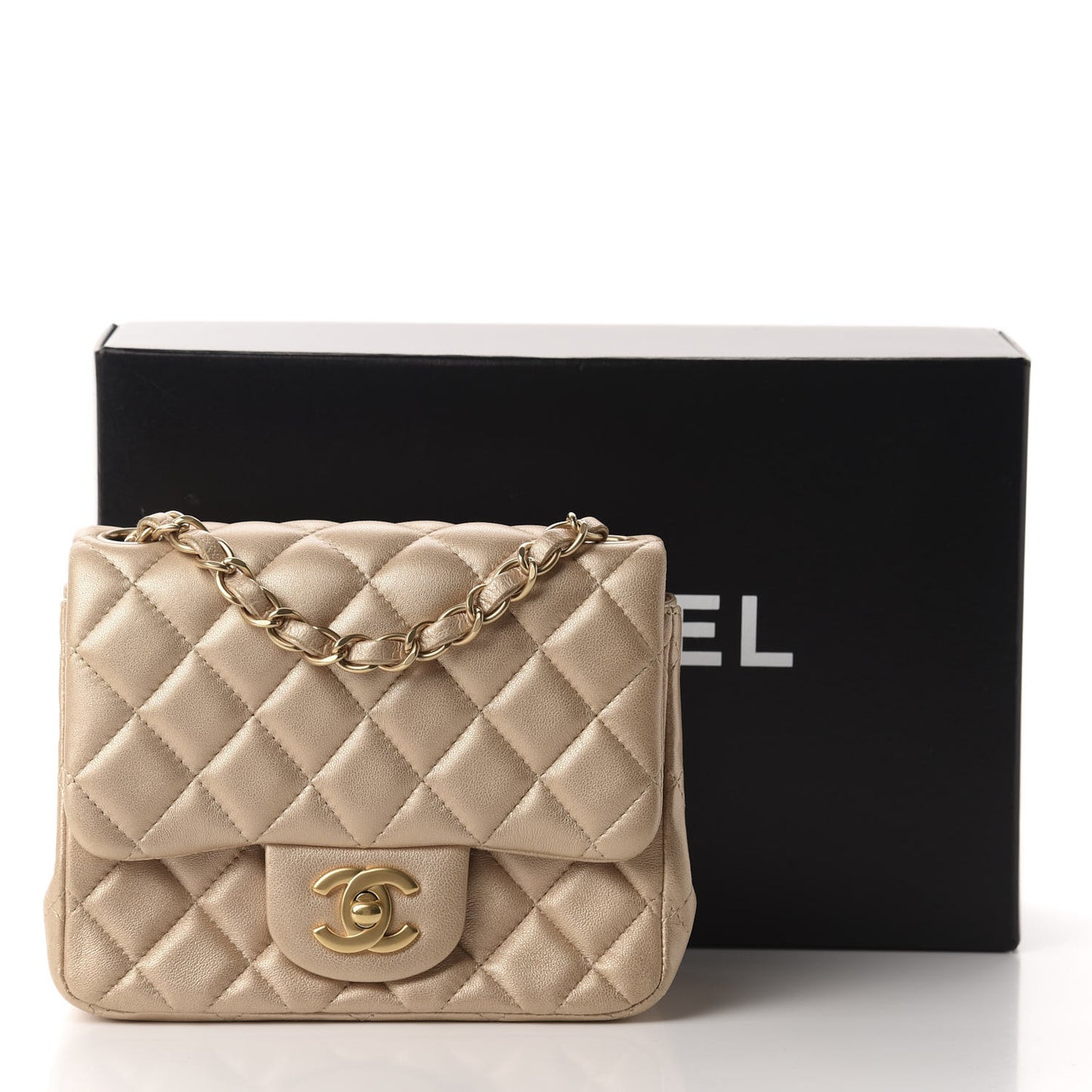 Metallic Lambskin Quilted Mini Square Flap Light Gold