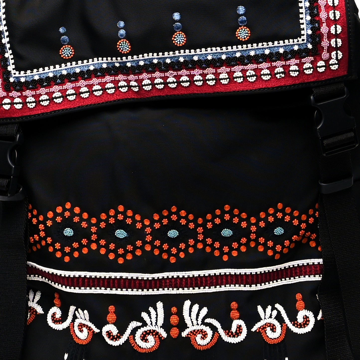 Nylon Embroidered Beaded Backpack Black Multicolor
