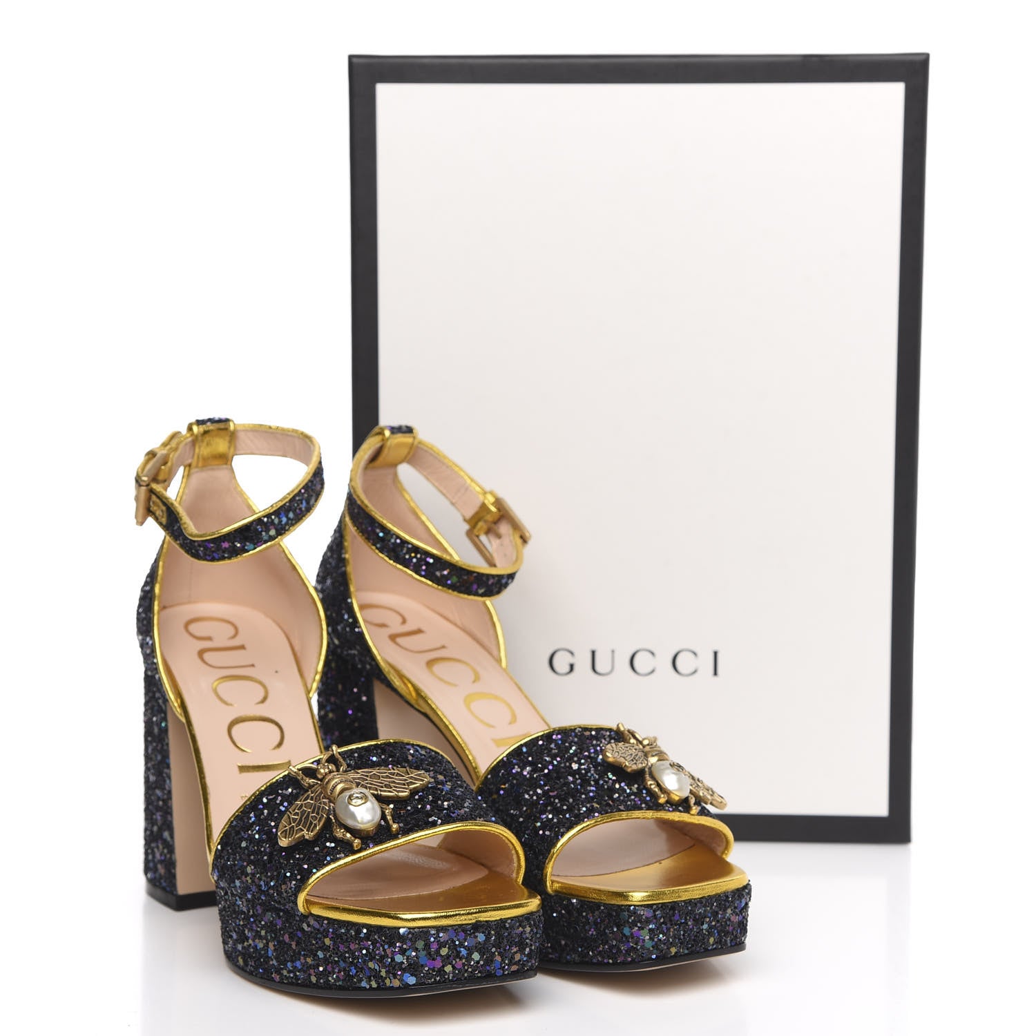 Gucci Glitter Soko Bee Platform Mid Heel Sandals 38 Notte Oro Multicolor 10 of 11