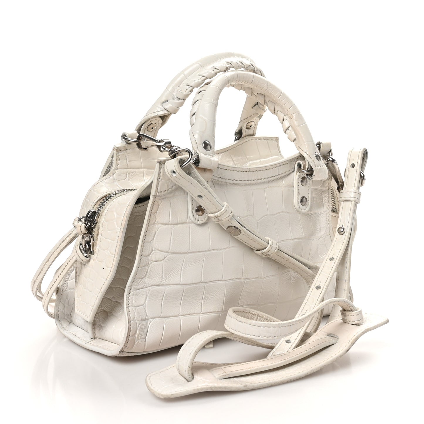 Semi Shiny Calfskin Crocodile Embossed Neo Classic Silver Hardware Mini City White