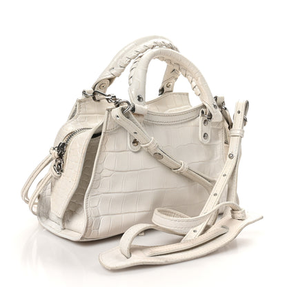 Balenciaga Semi Shiny Calfskin Crocodile Embossed Neo Classic Silver Hardware Mini City White 3 of 12