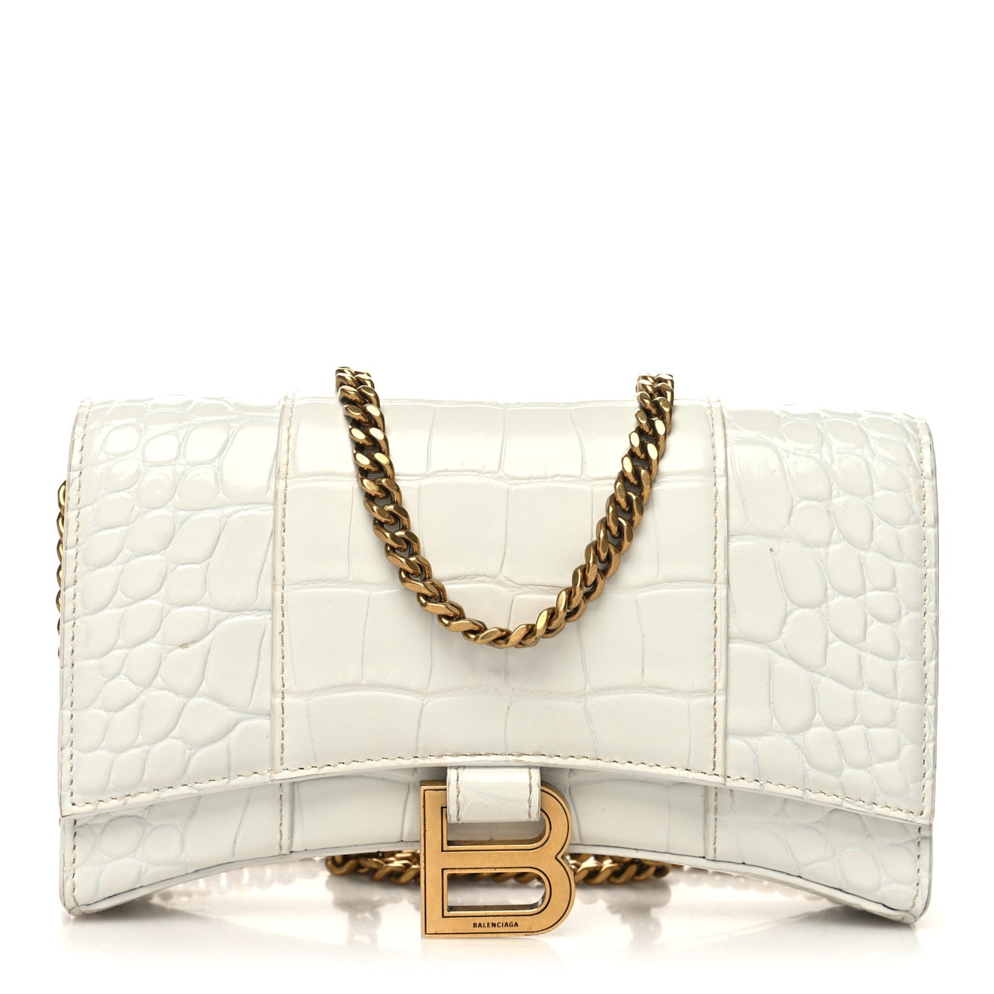 Shiny Calfskin Crocodile Embossed Hourglass Chain Bag White