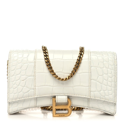 Balenciaga Shiny Calfskin Crocodile Embossed Hourglass Chain Bag White 1 of 12