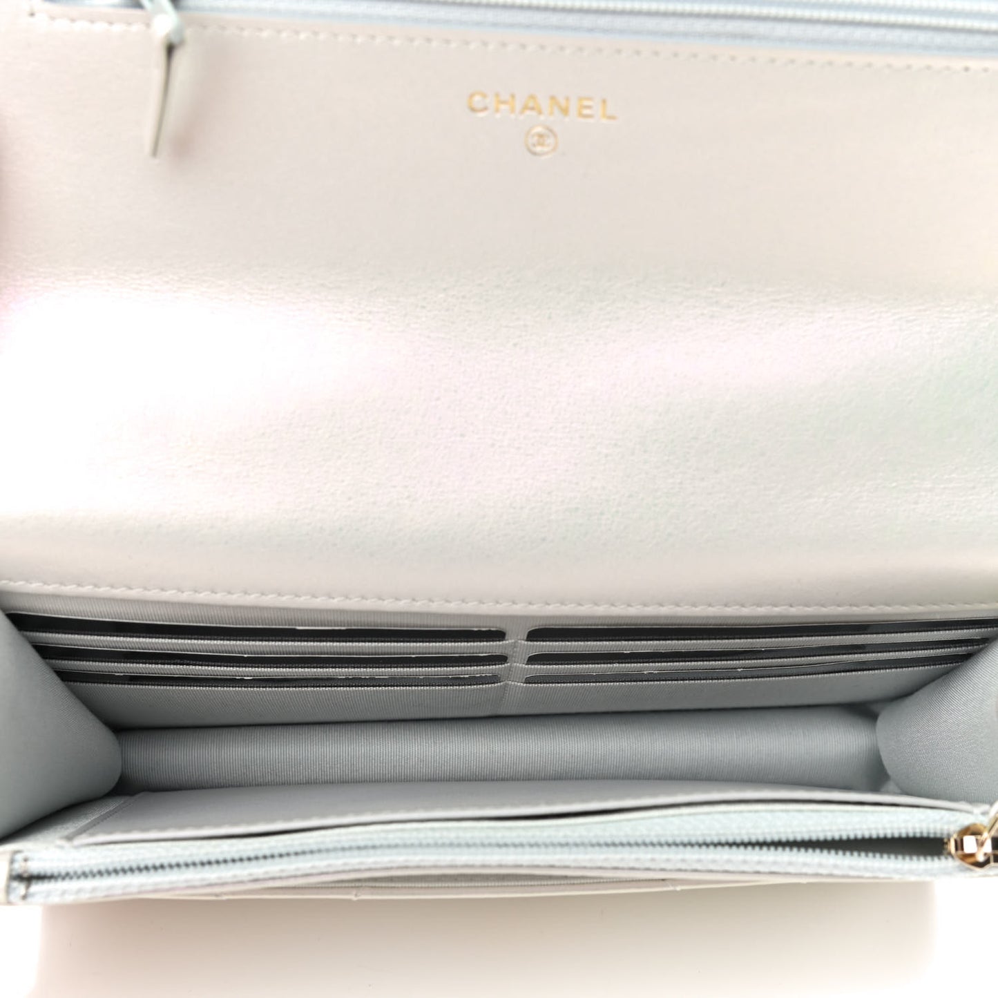 Iridescent Calfskin Quilted Chanel 19 Wallet On Chain WOC White