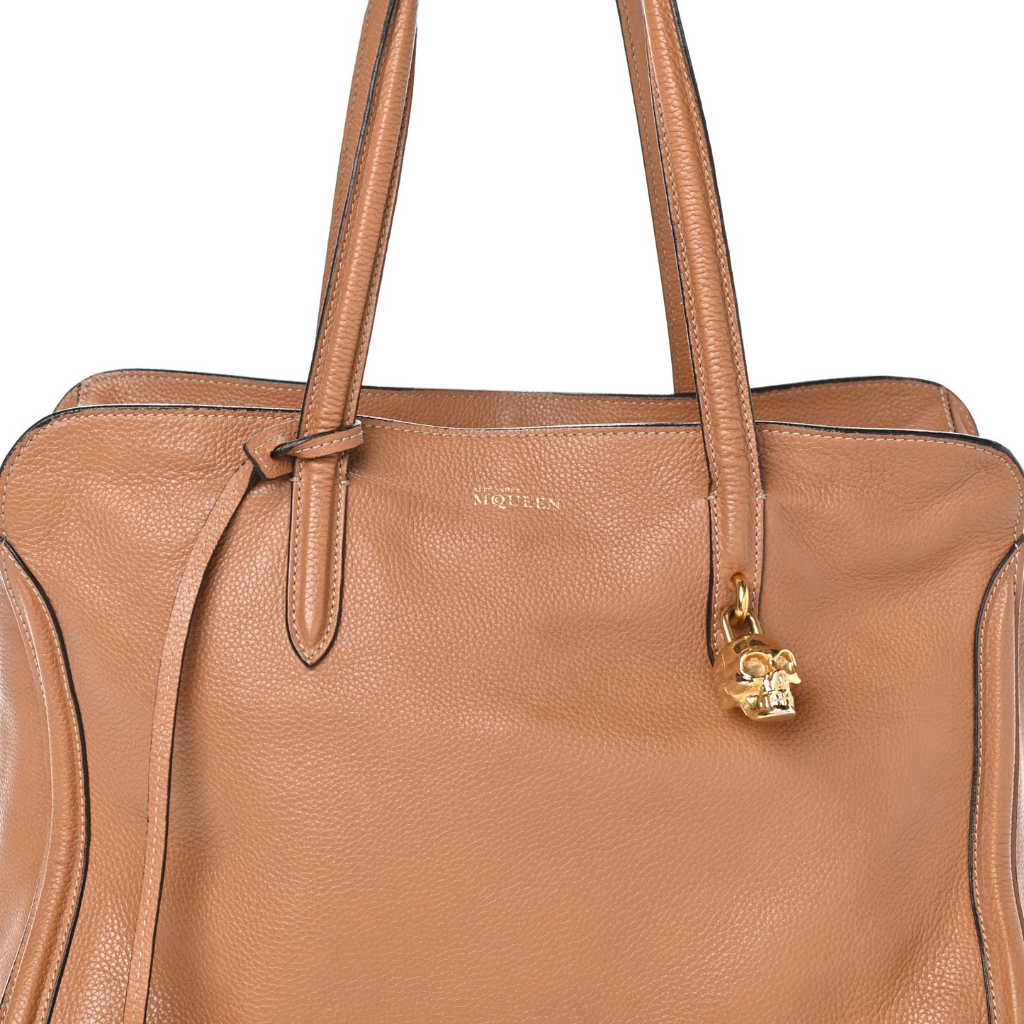 Pebbled Calfskin Large Skull Padlock Zip Around Tote Camel