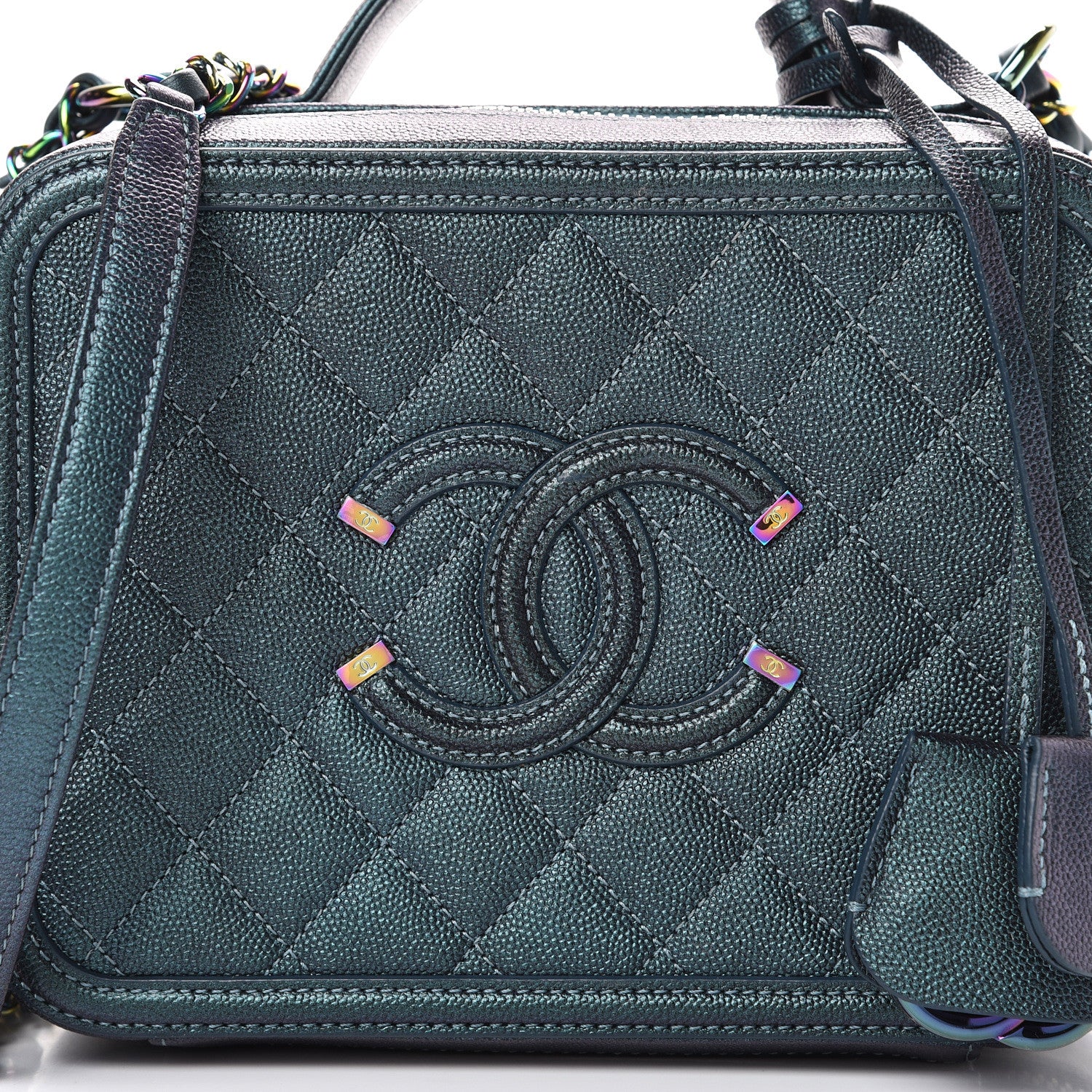Chanel Iridescent Caviar Quilted Medium CC Filigree Vanity Case Dark Turquoise 7 of 10