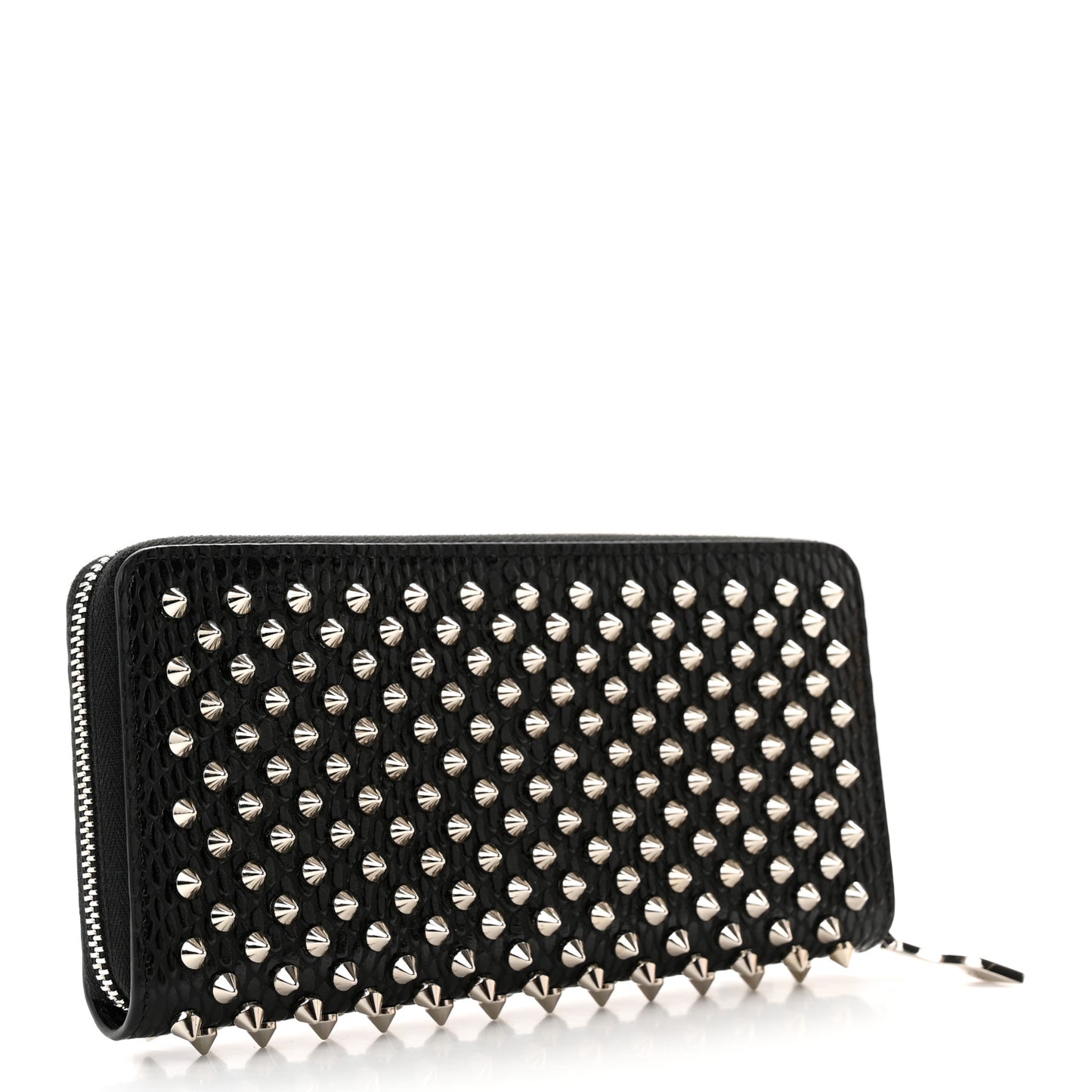 Calfskin Snakeskin Embossed Panettone Spiked Zip Around Wallet Black
