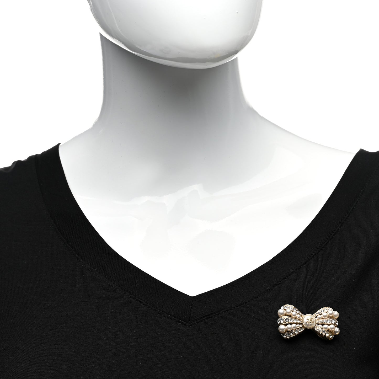 Metal Crystal Pearl CC Bow Brooch Gold
