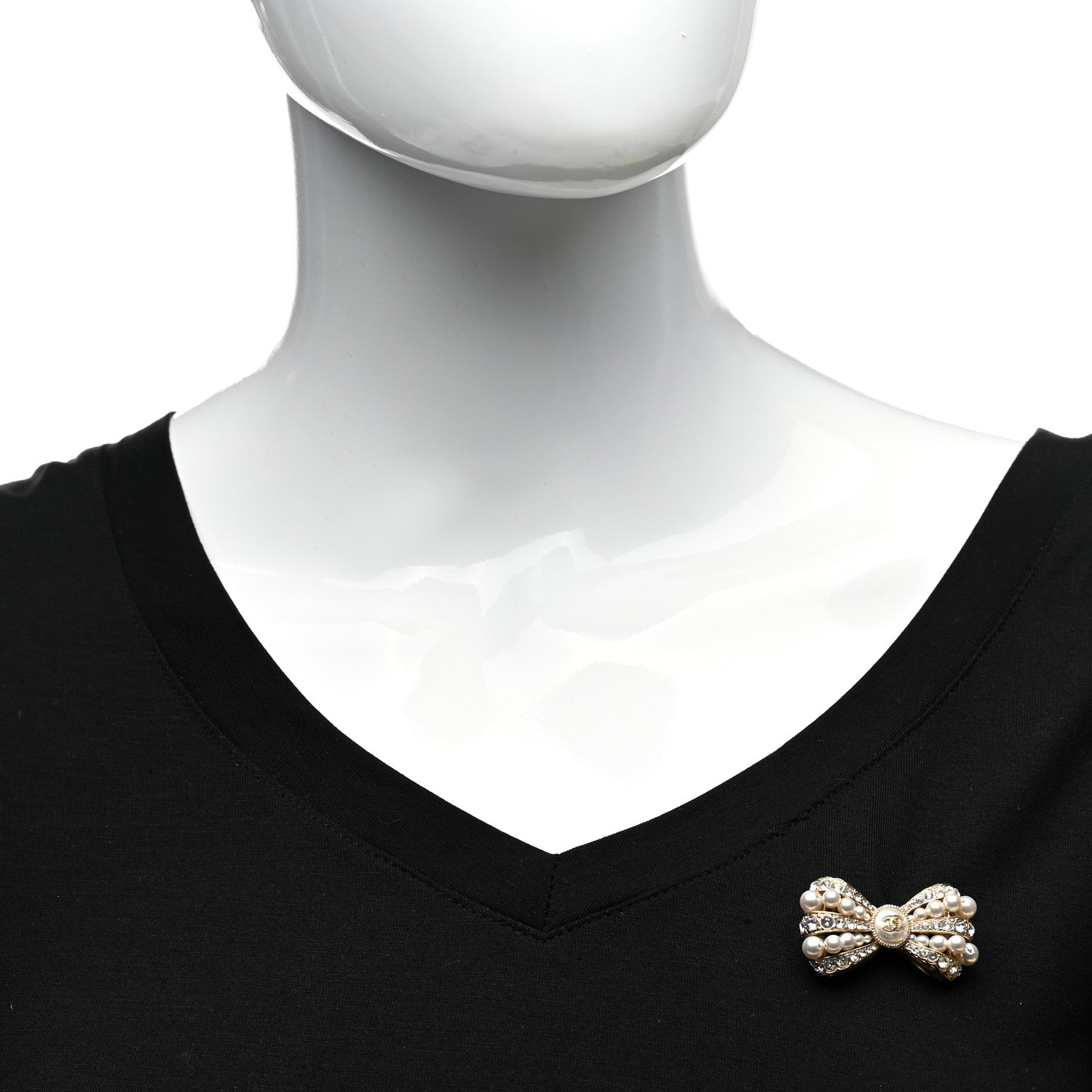 Chanel Metal Crystal Pearl CC Bow Brooch Gold 2 of 5