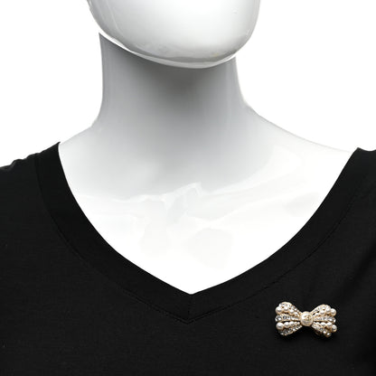 Chanel Metal Crystal Pearl CC Bow Brooch Gold 2 of 5