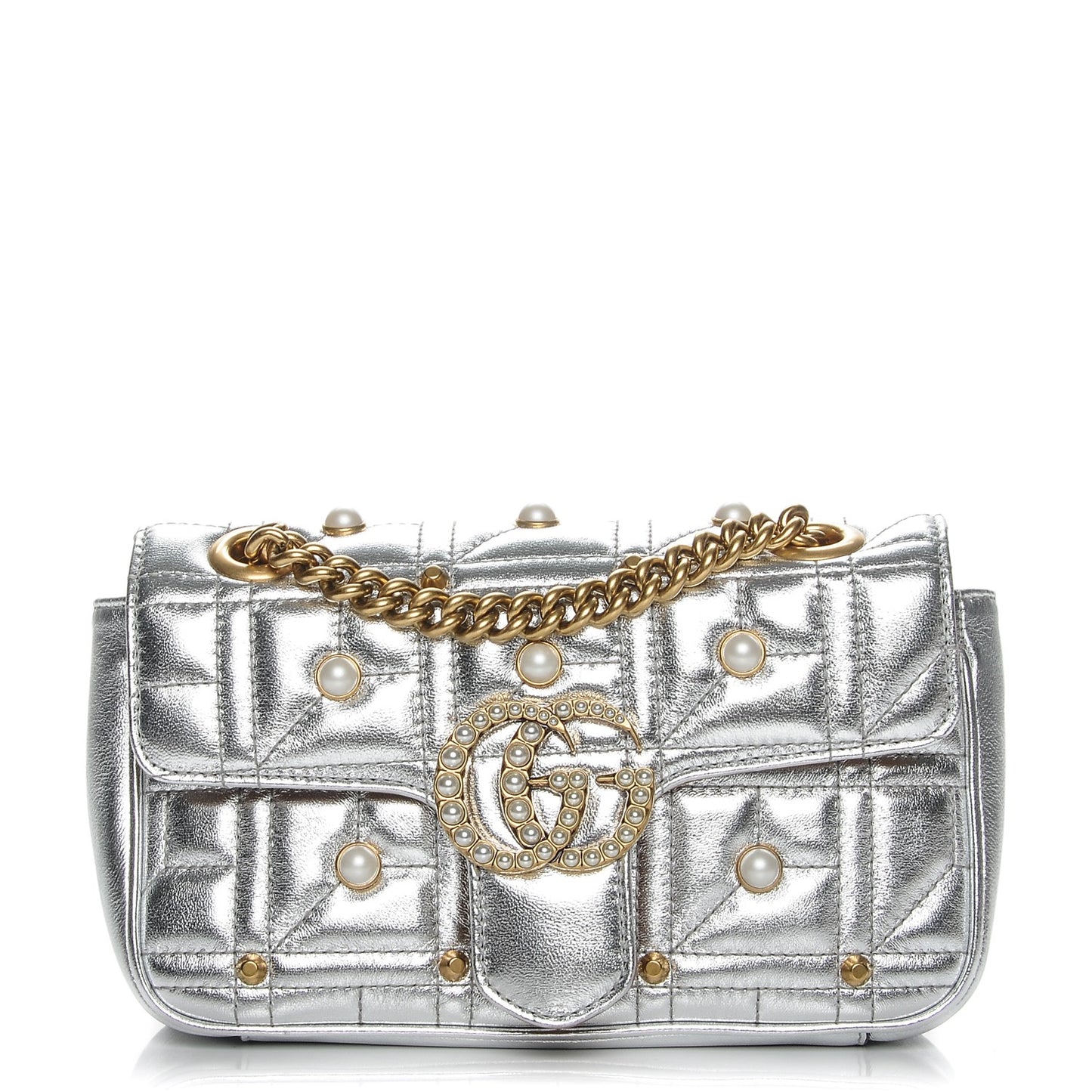 Metallic Calfskin Matelasse Studded Mini Pearly GG Marmont Shoulder Bag Silver