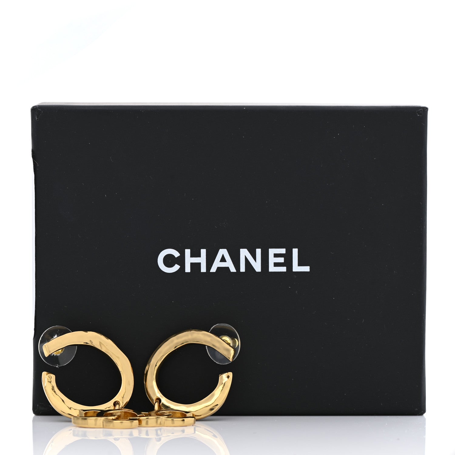 Chanel Metal Textured Hoop Drop CC Earrings Gold 5 of 5