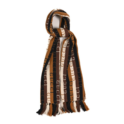Gucci Wool Cotton Logo Wood Stripes Scarf Light Brown Dark Brown 1 of 3