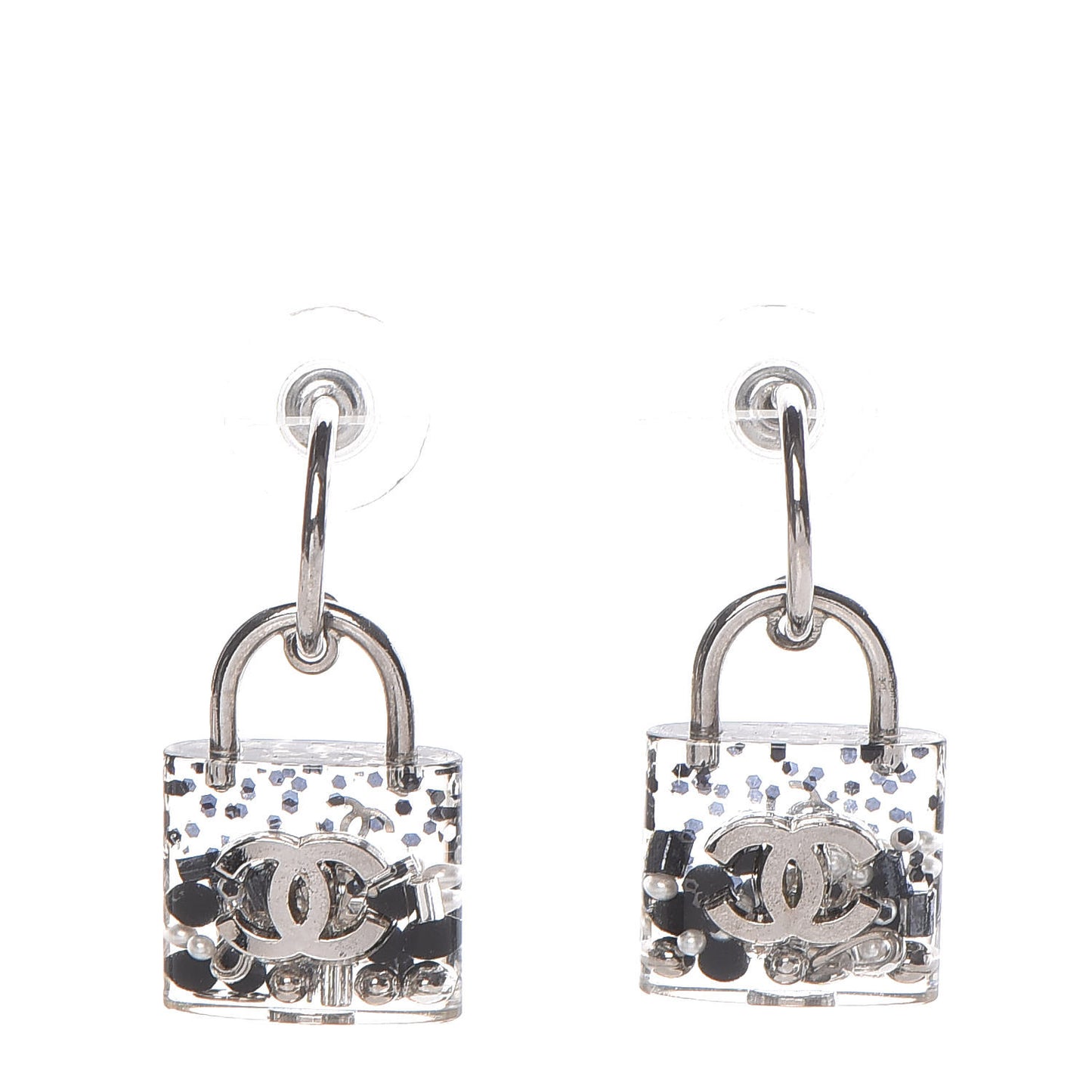 Resin Pearl CC Padlock Earrings Grey