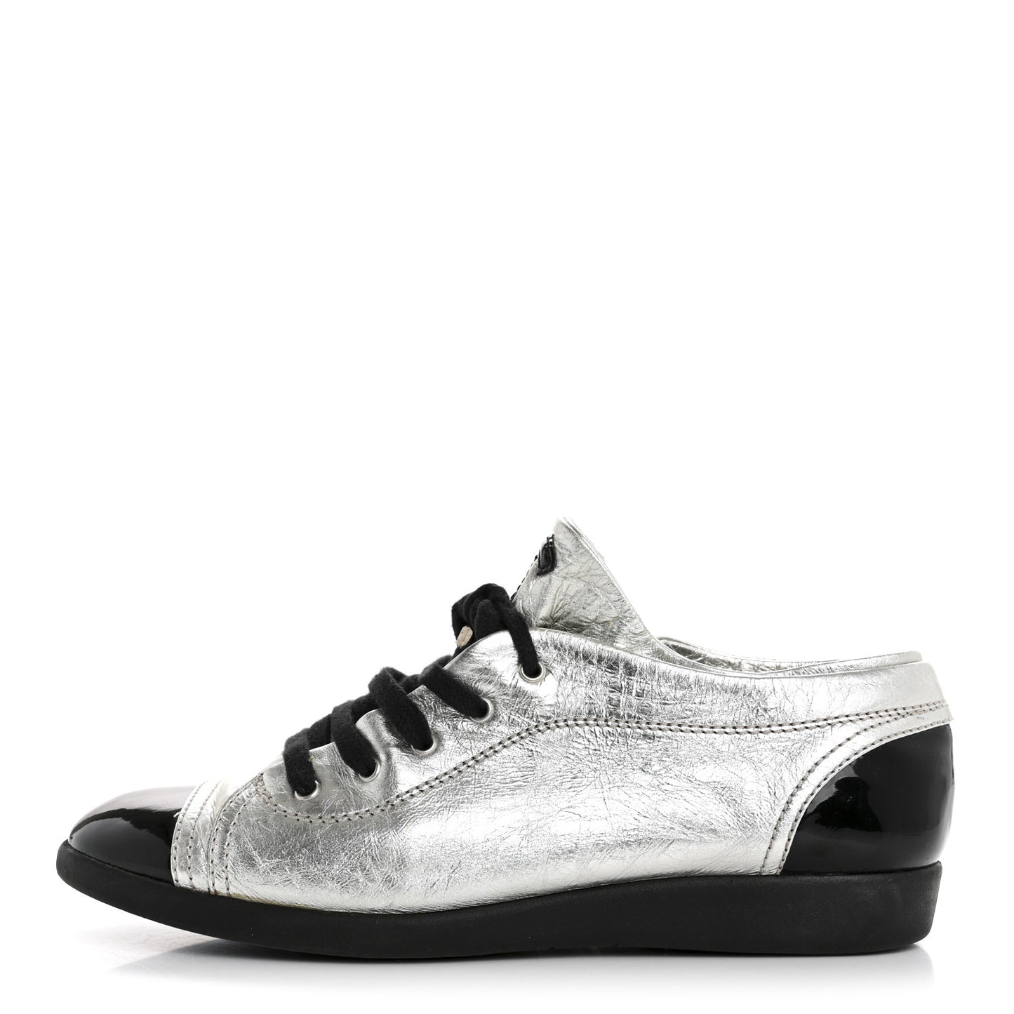 Metallic Lambskin Patent Cap Toe CC Sneakers 38.5 Silver Black