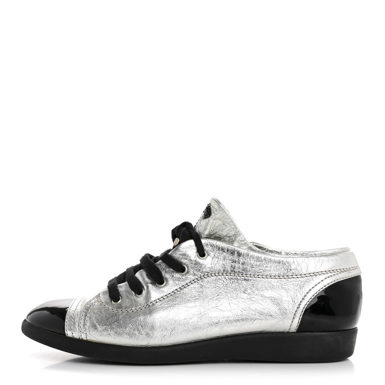 Chanel Metallic Lambskin Patent Cap Toe CC Sneakers 38.5 Silver Black 1 of 12