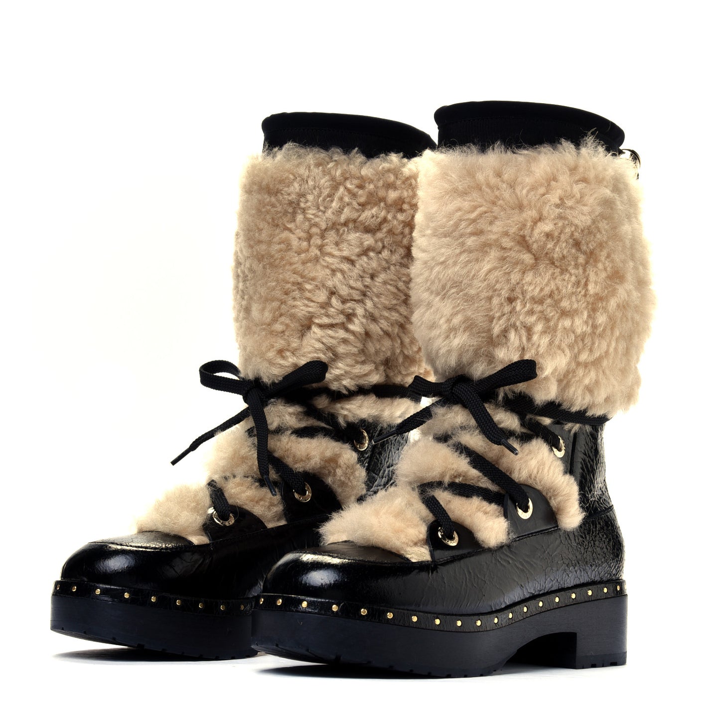Patent Shearling Lace Up Boot 37 Black