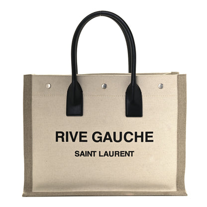 Saint Laurent Linen Calfskin Small Rive Gauche Tote Greggio Natural 1 of 10