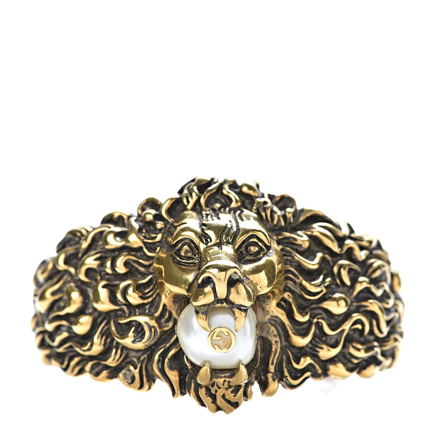 Metal Pearl Lion Head Cuff Bracelet 18 Aged Gold