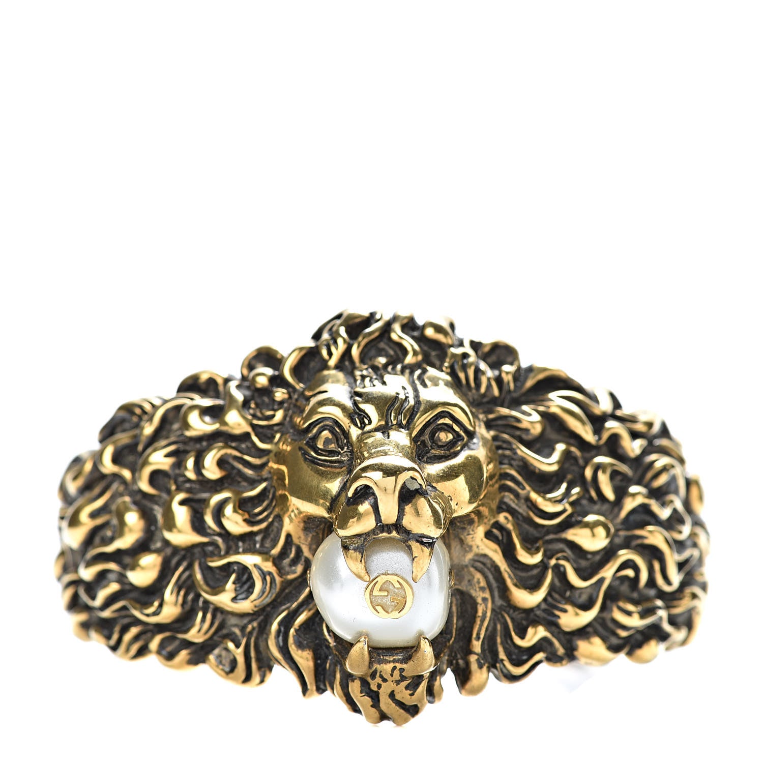 Gucci Metal Pearl Lion Head Cuff Bracelet 18 Aged Gold 1 of 7