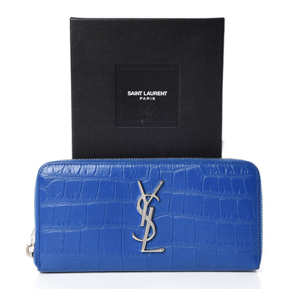 Saint Laurent Calfskin Crocodile Embossed Monogram Zip Around Wallet Royal Blue 9 of 9