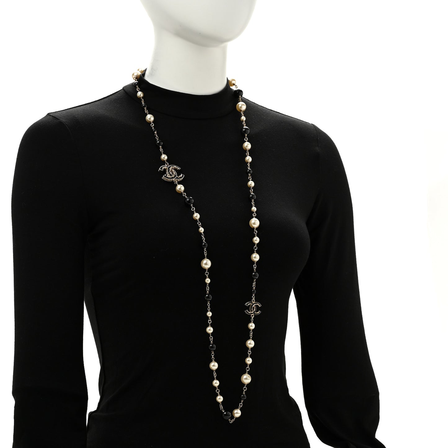 Pearl Bead Enamel CC Baroque Long Necklace Black Gold