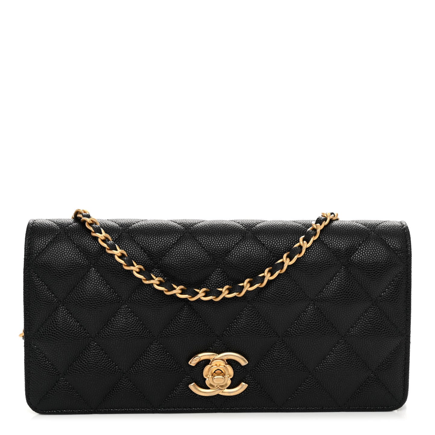 Caviar Quilted Camellia Clutch With Chain Black