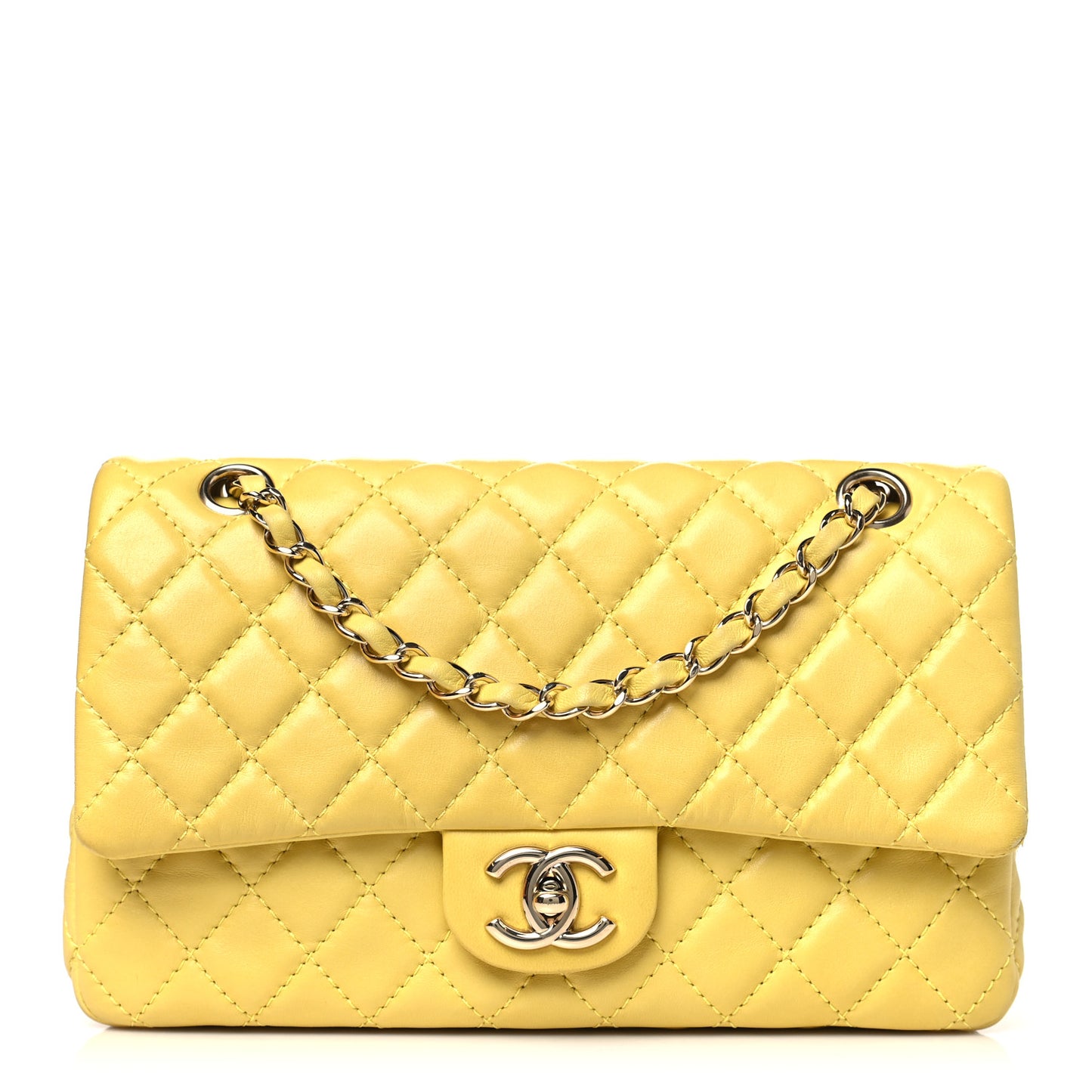 Lambskin Quilted Medium Double Flap Yellow