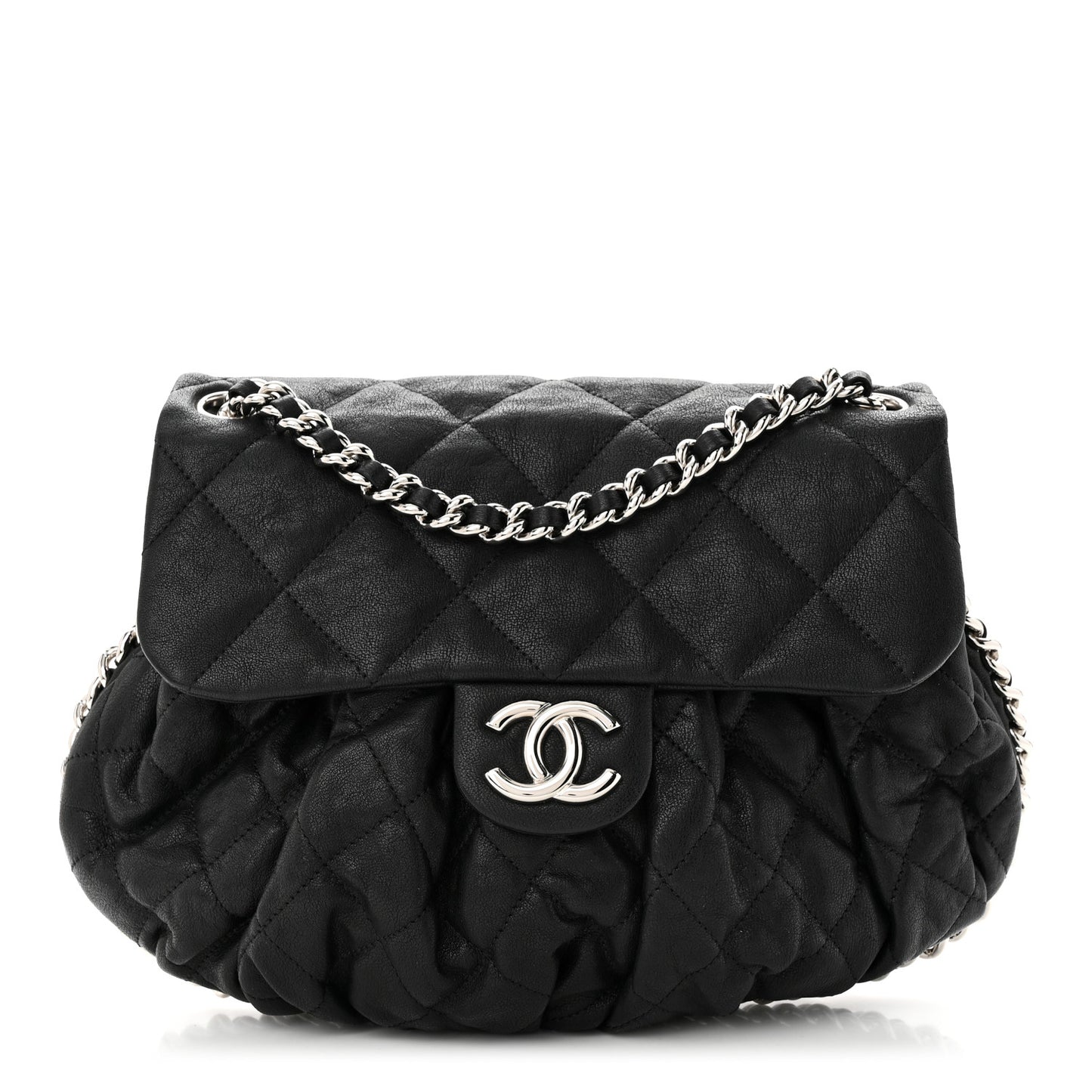 Washed Lambskin Quilted Medium Chain Around Messenger Black