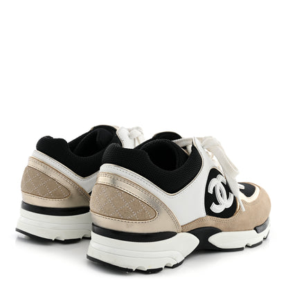 Chanel Mesh Suede Calfskin Grained Calfskin Womens CC Sneakers 38 White Black Beige Gold 5 of 9