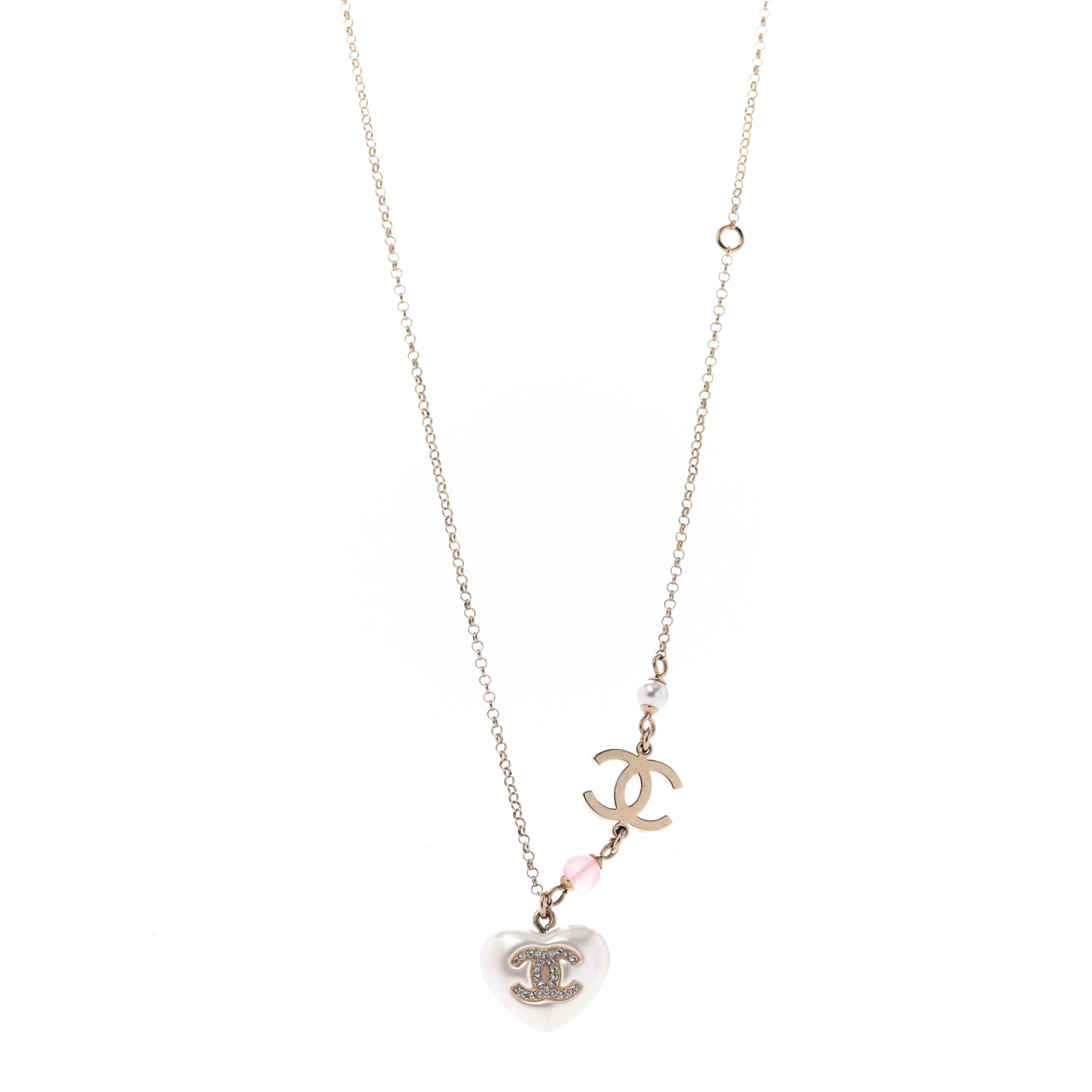 Chanel Resin Crystal CC Heart Necklace Pearly White Gold 1 of 5